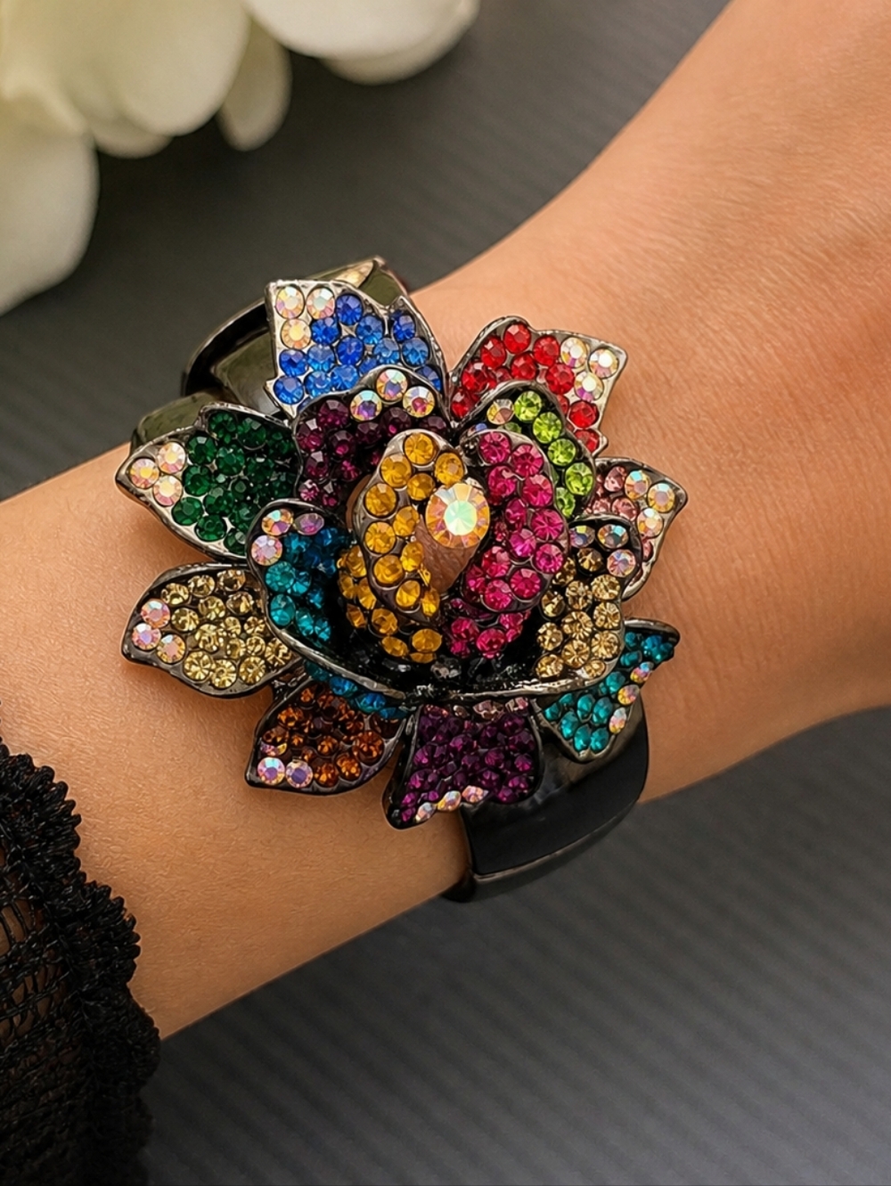 Multicolor Rhinestone Flower Bracelet Gunmetal Stretch Chunky Rose Jewelry